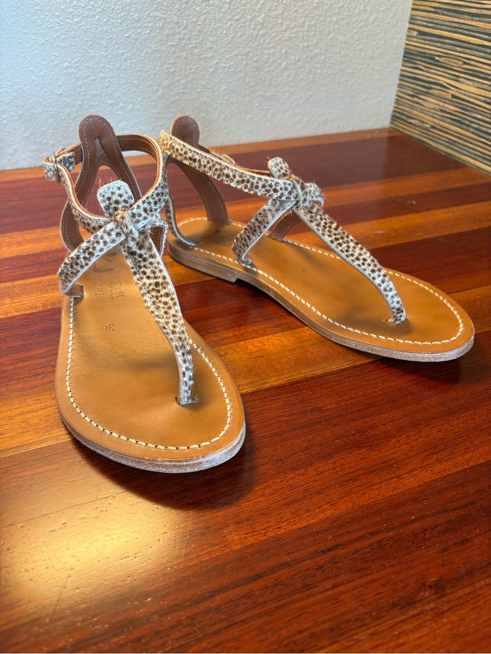 K.Jacques Tan Leather Thong Sandals with White & Brown Animal-Print Straps